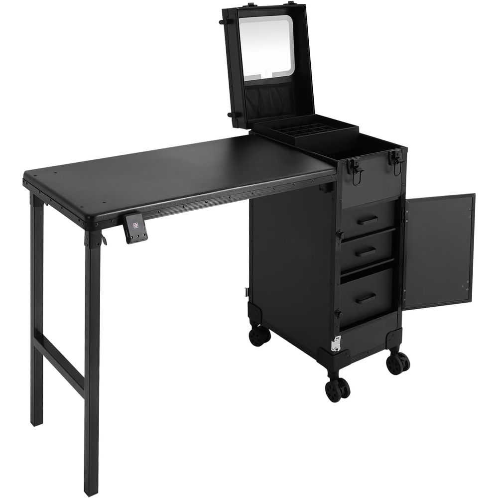 Beauty Makeup Trolley - Portable Rolling Manicure Table with LED