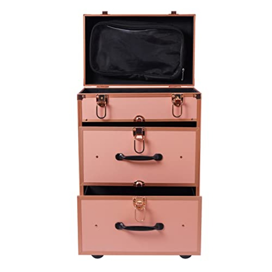 Beauty For You Makeup - 3-Tier Aluminum Rolling Makeup Case Golden
